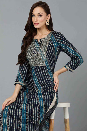 Blue Cotton Printed Straight Kurti
