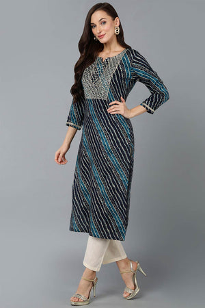 Blue Cotton Printed Straight Kurti