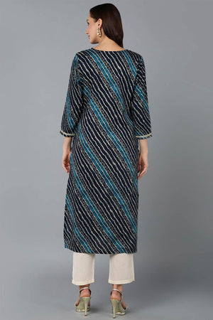 Blue Cotton Printed Straight Kurti