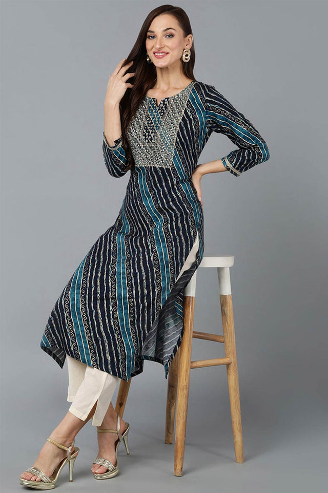 Blue Cotton Printed Straight Kurti
