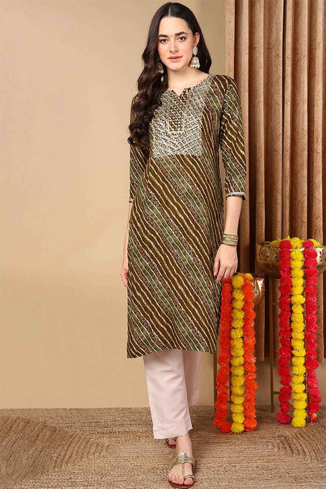 Green Rayon Leheriya Straight Kurti