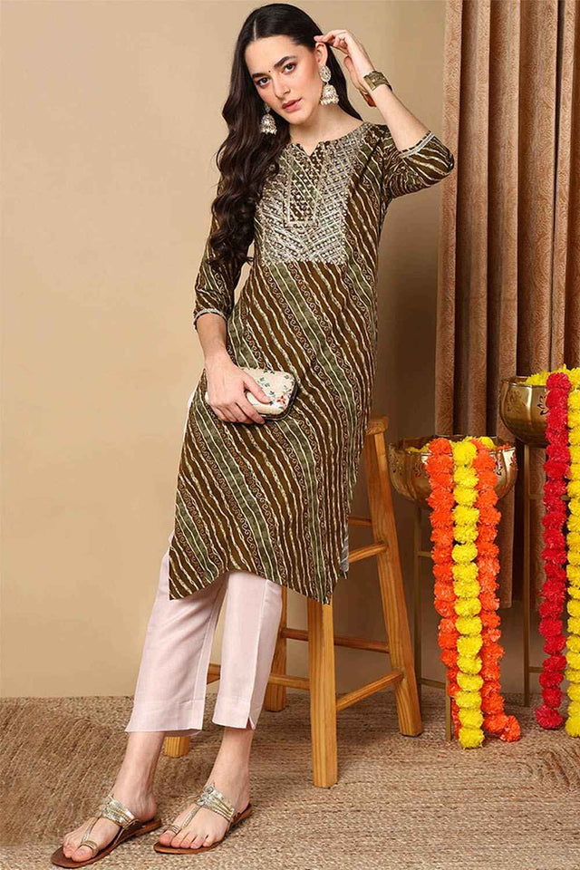 Green Rayon Leheriya Straight Kurti
