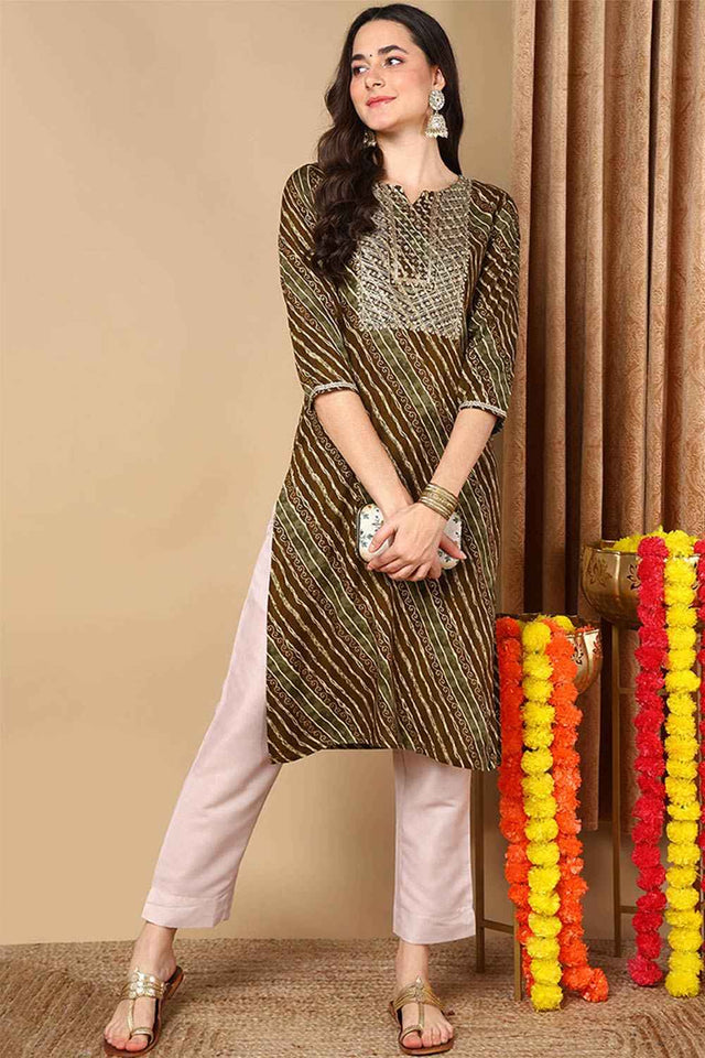 Green Rayon Leheriya Straight Kurti