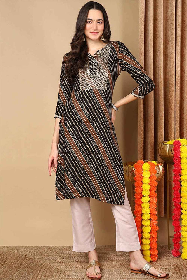 Black Rayon Embroidered Round Neck Kurti