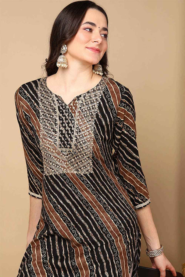 Black Rayon Embroidered Round Neck Kurti