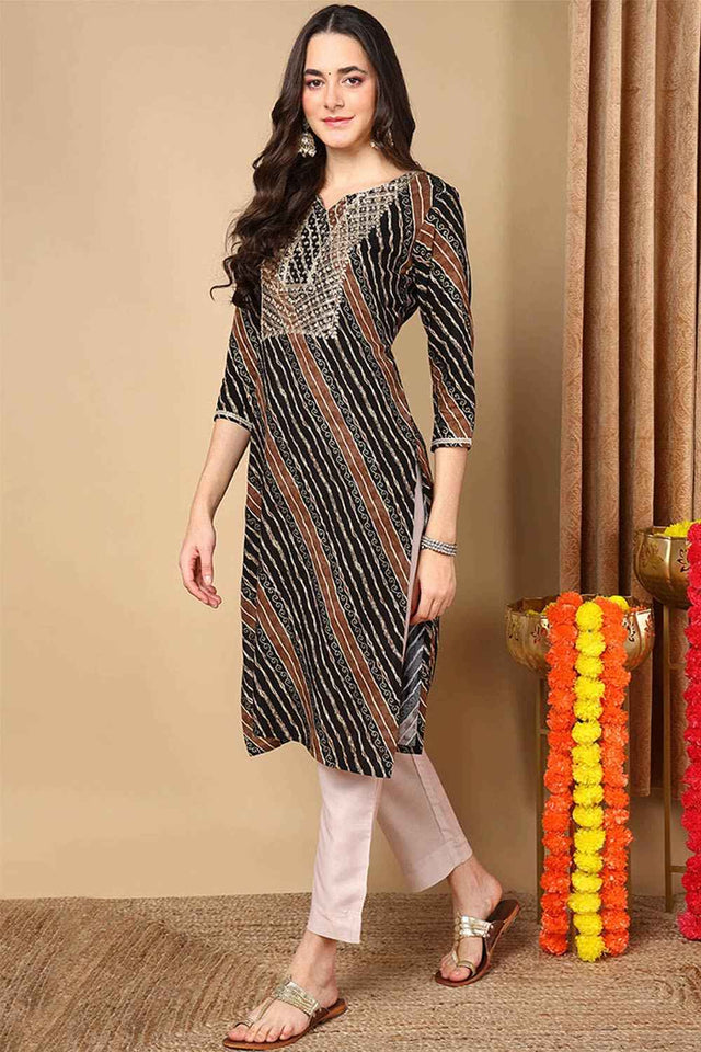 Black Rayon Embroidered Round Neck Kurti