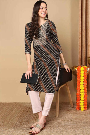Black Rayon Embroidered Round Neck Kurti