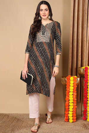 Black Rayon Embroidered Round Neck Kurti