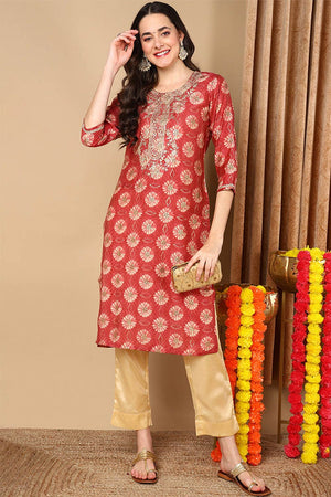 Red Silk Blend Printed Straight Kurti