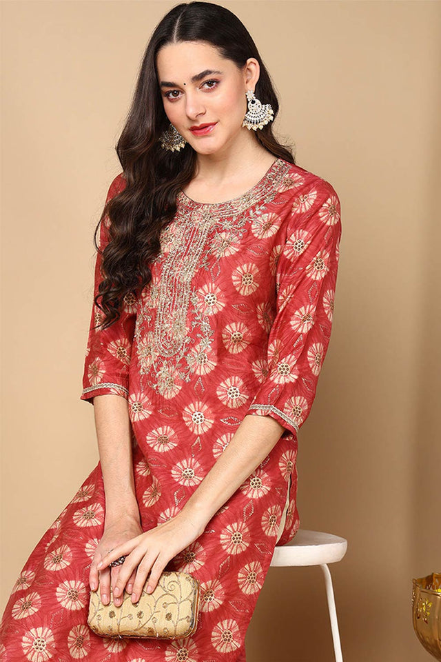 Red Silk Blend Printed Straight Kurti