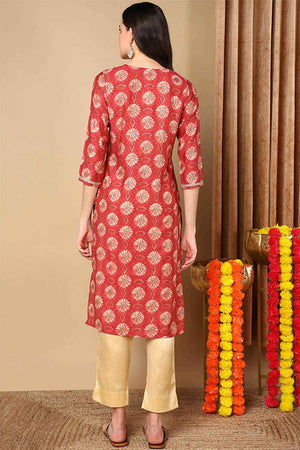Red Silk Blend Printed Straight Kurti