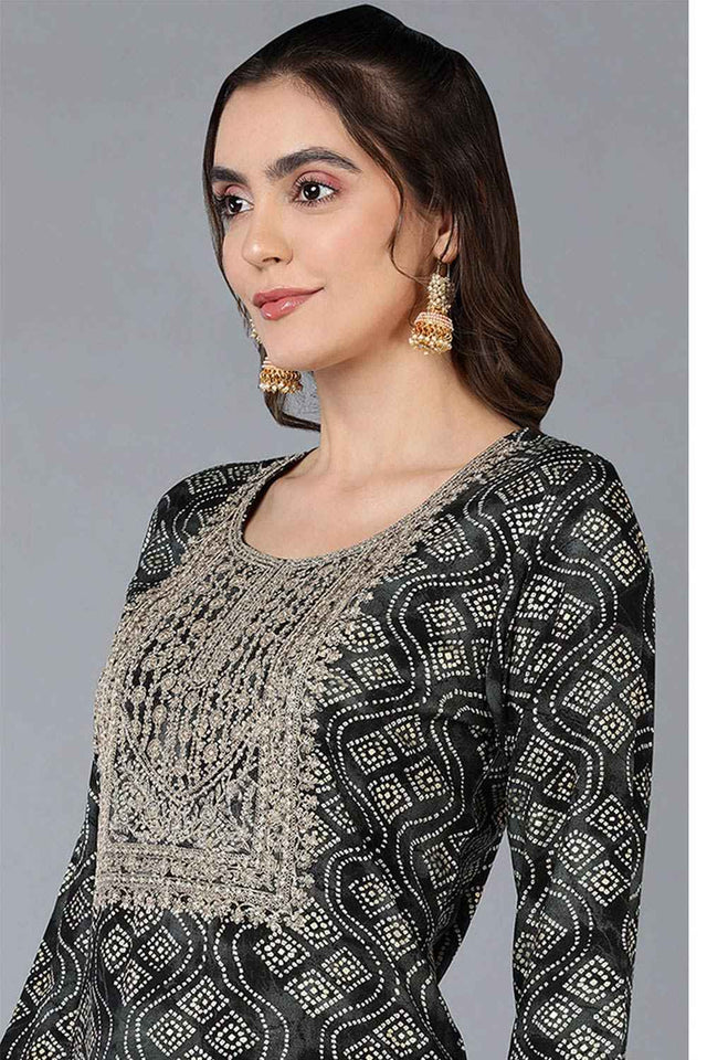 Black Rayon Bandhani Round Neck Kurti
