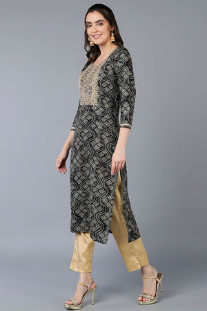 Black Rayon Bandhani Round Neck Kurti