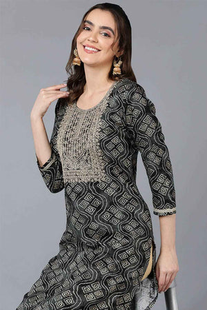 Black Rayon Bandhani Round Neck Kurti