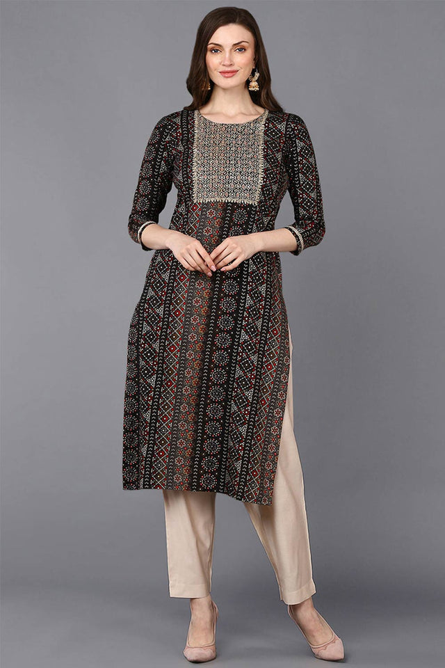Black Rayon Embroidered Round Neck Kurti