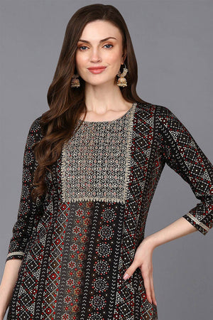 Black Rayon Embroidered Round Neck Kurti