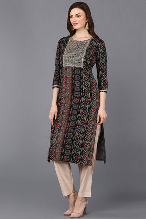 Black Rayon Embroidered Round Neck Kurti