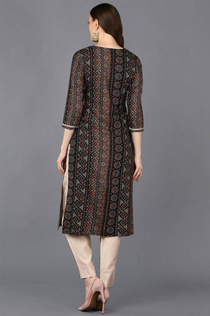Black Rayon Embroidered Round Neck Kurti