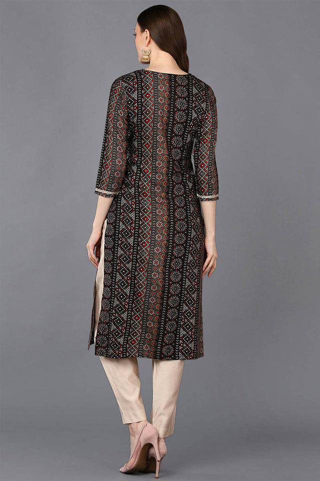 Black Rayon Embroidered Round Neck Kurti