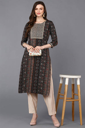 Black Rayon Embroidered Round Neck Kurti