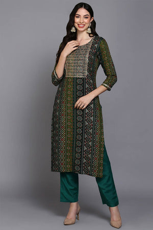 Green Rayon Embroidered Round Neck Kurti