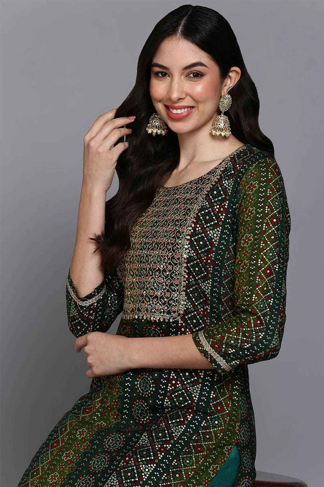 Green Rayon Embroidered Round Neck Kurti