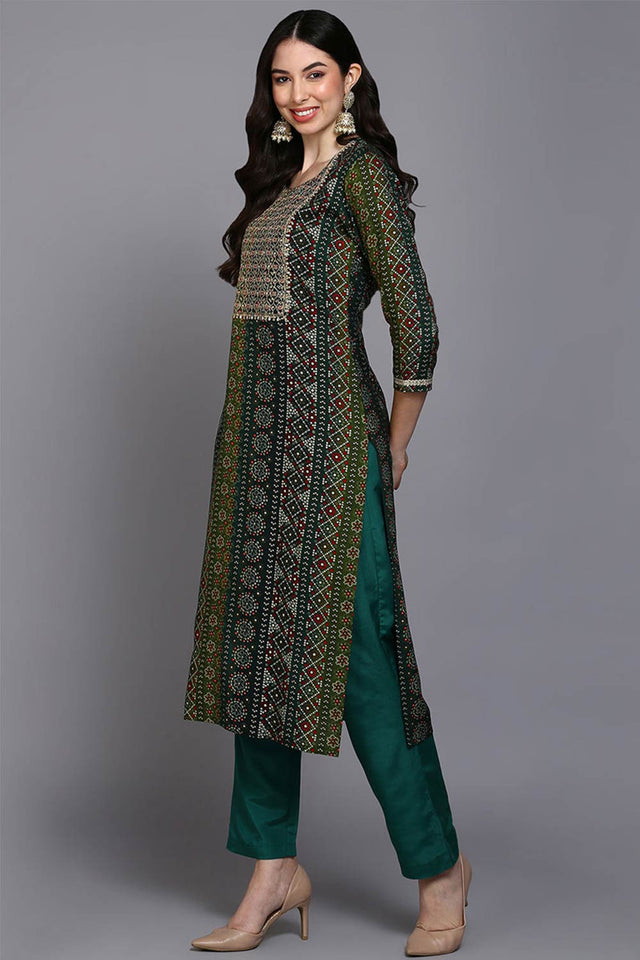 Green Rayon Embroidered Round Neck Kurti
