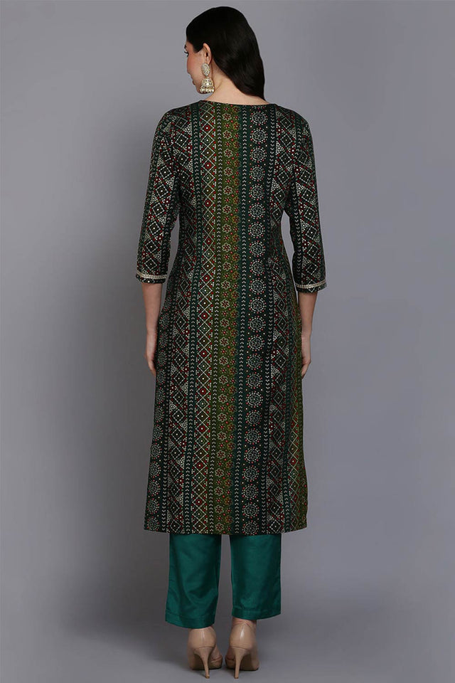 Green Rayon Embroidered Round Neck Kurti