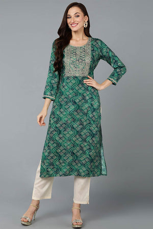 Green Cotton Printed Straight Kurti