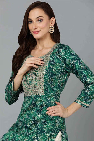 Green Cotton Printed Straight Kurti