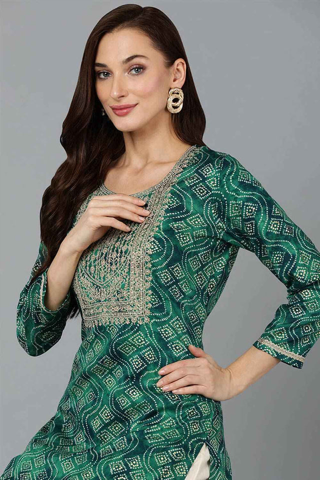 Green Cotton Printed Straight Kurti