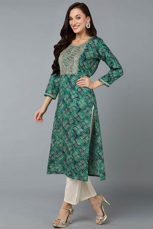 Green Cotton Printed Straight Kurti