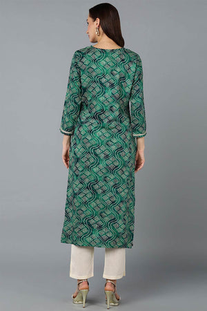 Green Cotton Printed Straight Kurti