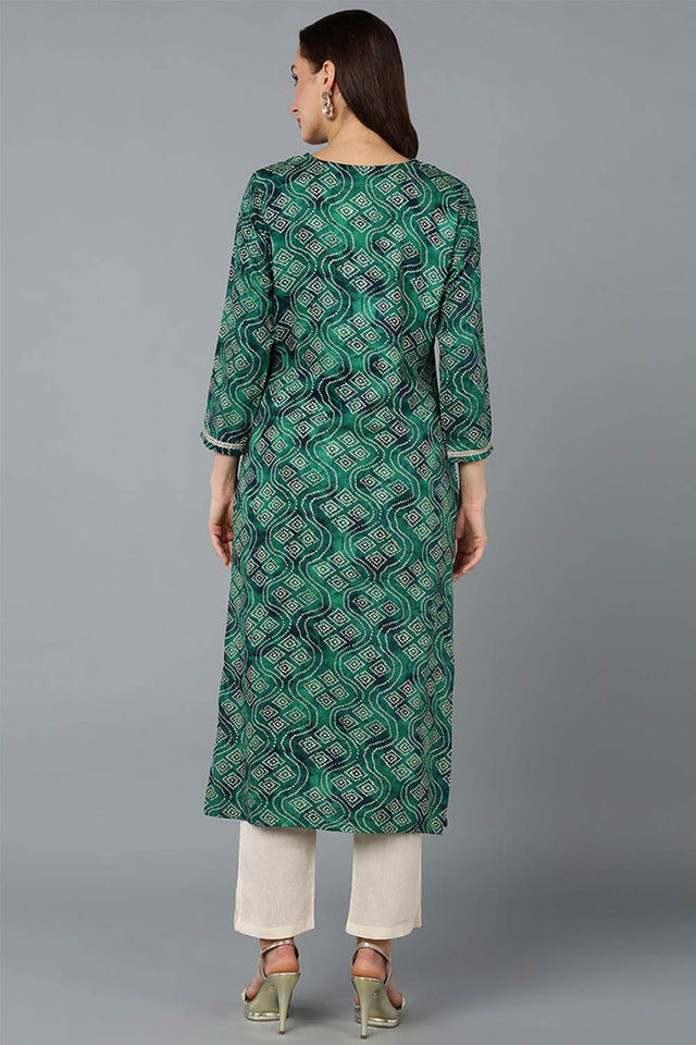 Green Cotton Printed Straight Kurti