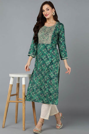 Green Cotton Printed Straight Kurti