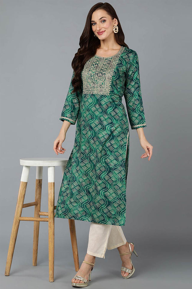 Green Cotton Printed Straight Kurti
