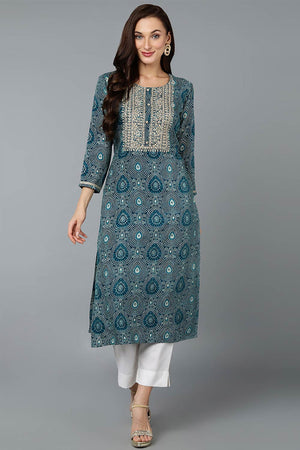 Green Cotton Printed Straight Kurti