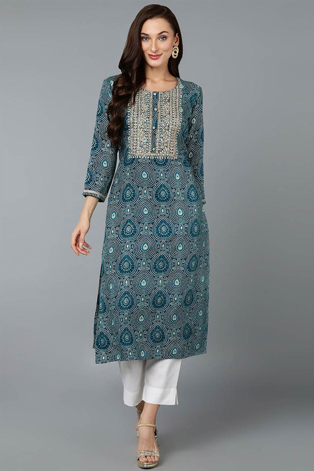 Green Cotton Printed Straight Kurti