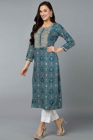 Green Cotton Printed Straight Kurti