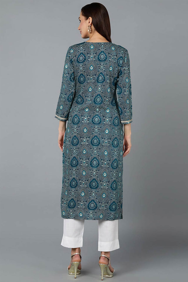 Green Cotton Printed Straight Kurti