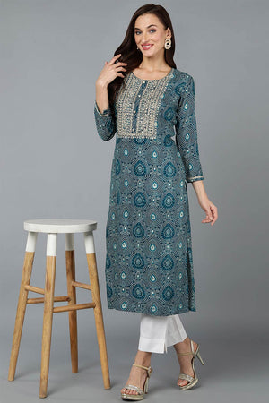 Green Cotton Printed Straight Kurti