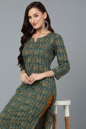Green Cotton Paisley Print Straight Kurti