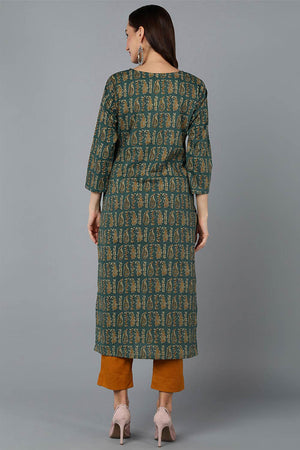 Green Cotton Paisley Print Straight Kurti