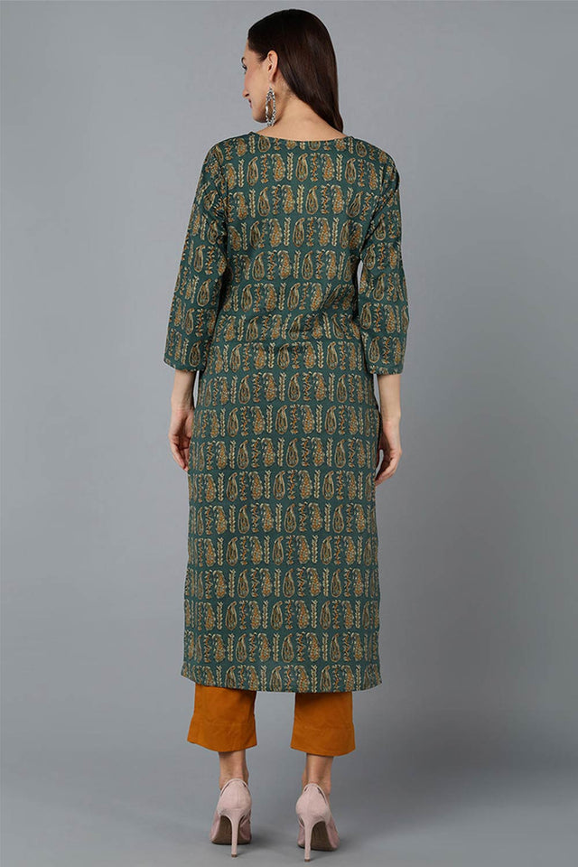 Green Cotton Paisley Print Straight Kurti
