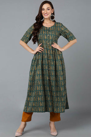 Green Cotton Embroidered Round Neck Kurti