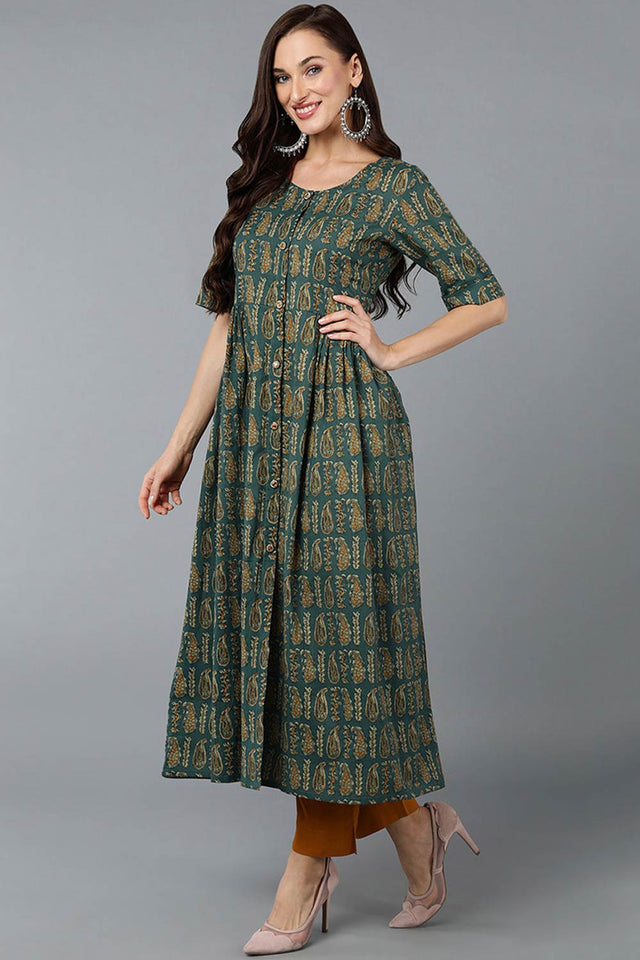 Green Cotton Embroidered Round Neck Kurti