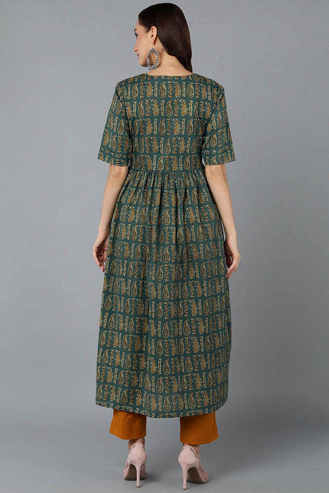 Green Cotton Embroidered Round Neck Kurti