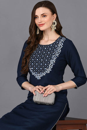 Blue Silk Blend Round Neck Kurti