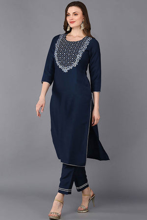 Blue Silk Blend Round Neck Kurti