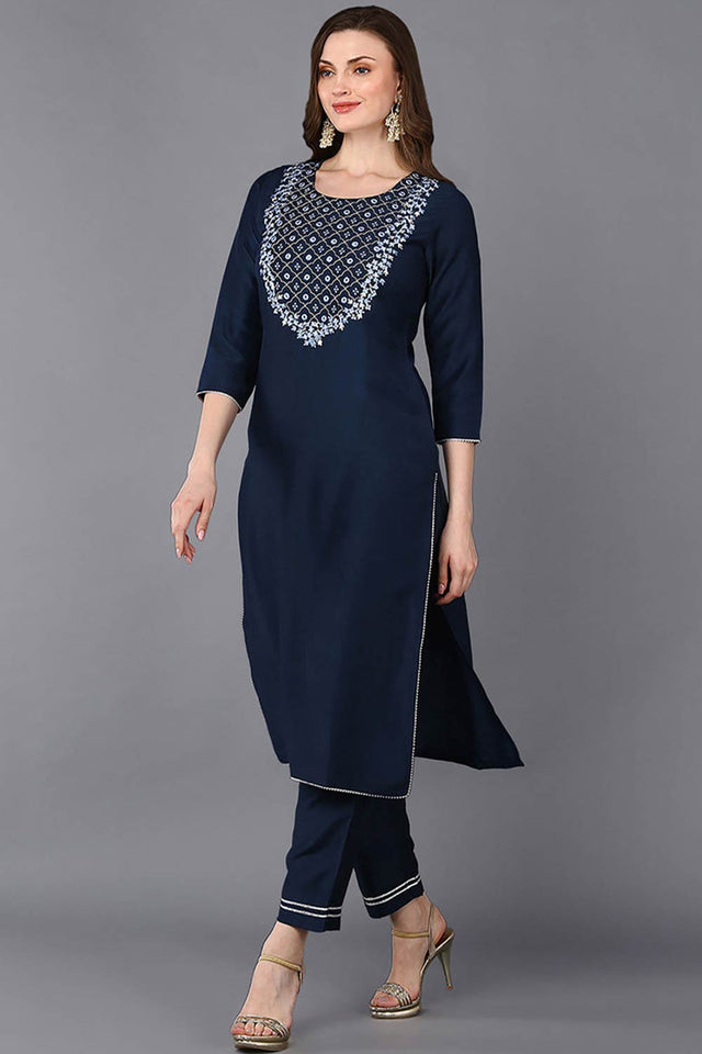 Blue Silk Blend Round Neck Kurti